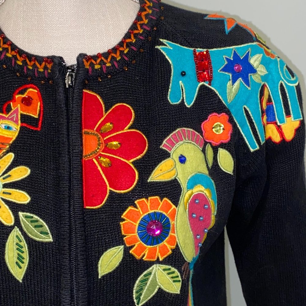 Vintage Jeweled & Beaded Cardigan Sweater Dog Cat Parrot Appliques - Picture 3 of 10